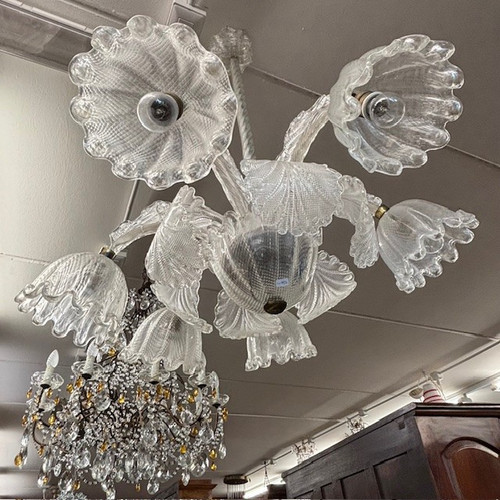 Antico Lampadario Chandelier Barovier e Toso Murano Venice 1930 .  Sei Luci . Lavorazione a rilievo 