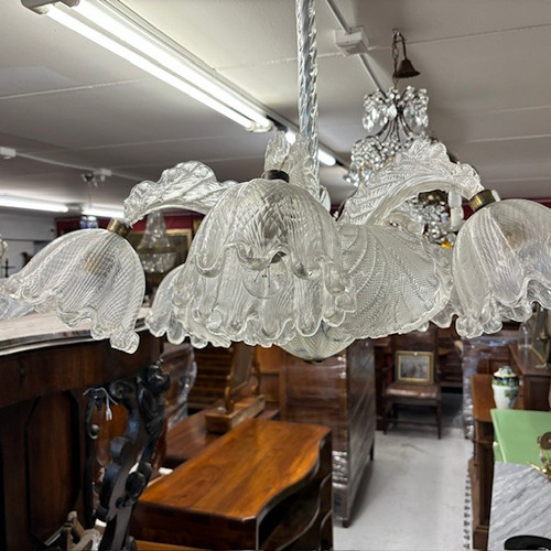 Antico Lampadario Chandelier Barovier e Toso Murano Venice 1930 .  Sei Luci . Lavorazione a rilievo 