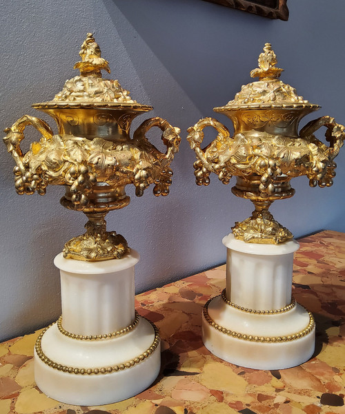 Paire de Vases Cassolettes en bronzes Ciselés dorés aux Pampres Vignes XIXéme