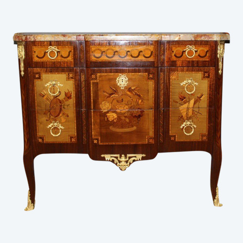 Transition Chest Of Drawers In Marquetry End XIX