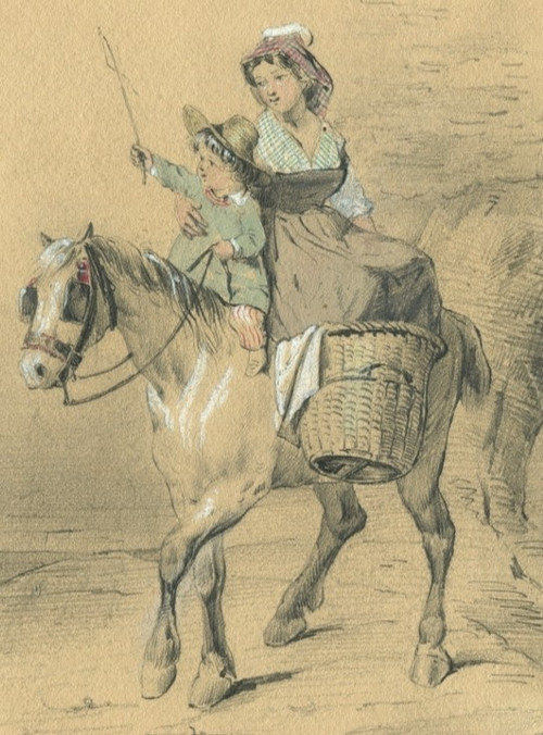 Madre e figlio a cavallo - Disegno originale antico