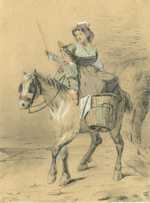 Madre e figlio a cavallo - Disegno originale antico