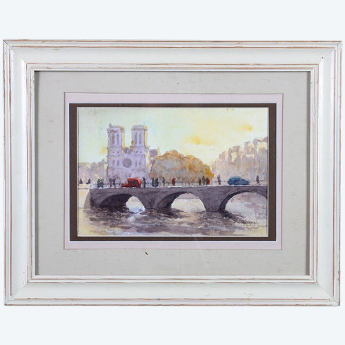 Aquarelle, Paris, Notre Dame, l’ile de la Cité, signée Gabriel Lardat 1900/1994