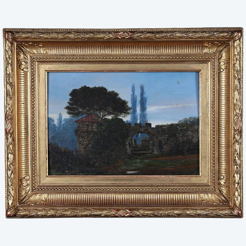 Paesaggio del XIX secolo, firmato P. Baroir, datato 1884, rovine provenzali