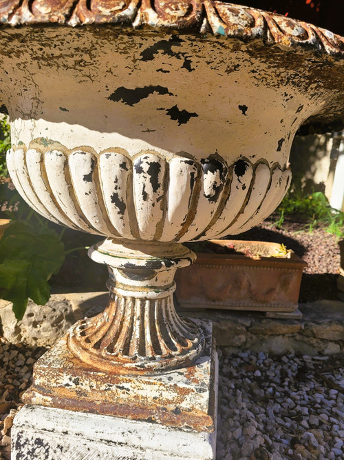 2 Large Cast Iron Garden Vases on Base, 19th Century