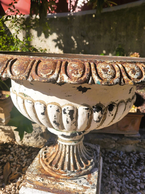 2 Large Cast Iron Garden Vases on Base, 19th Century