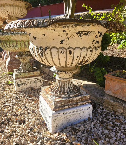 2 Large Cast Iron Garden Vases on Base, 19th Century