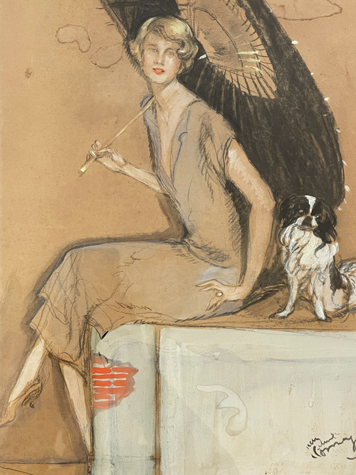 Jean – Gabriel DOMERGUE (1889 – 1962), « Elégante à l’ombrelle et au chien »