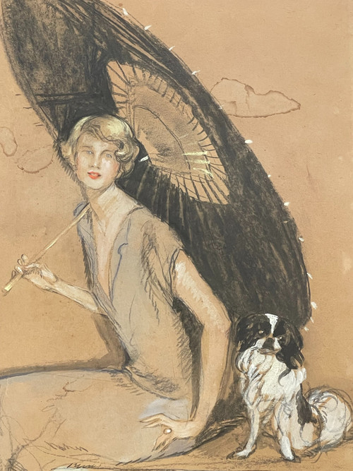 Jean – Gabriel DOMERGUE (1889 – 1962), « Elégante à l’ombrelle et au chien »