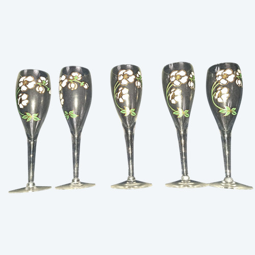 5 Perrier Jouet Belle Epoque Painted Enameled Anemones Champagne Flutes