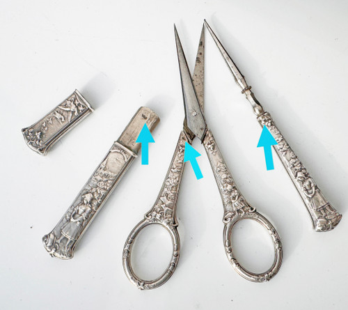 Antique Silver Sewing Kit Embroidery Scissors Thimble Punch Fable La Fontaine