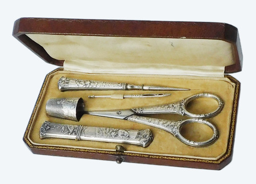 Antique Silver Sewing Kit Embroidery Scissors Thimble Punch Fable La Fontaine