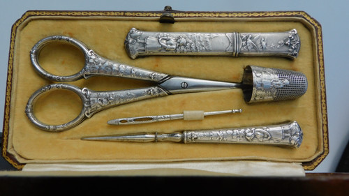 Antique Silver Sewing Kit Embroidery Scissors Thimble Punch Fable La Fontaine