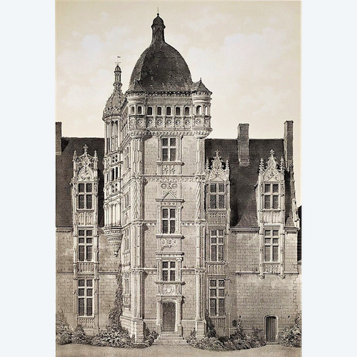 Renaissance Architecture French Castle saint-ouen Lithograph By Victor Petit 19th C Old Print