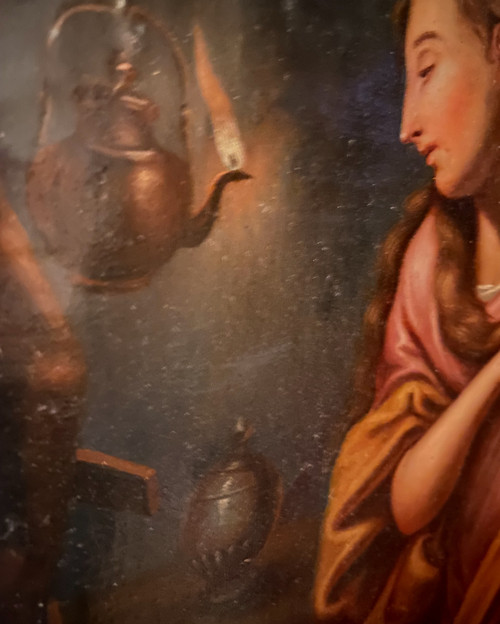 Madonna mit von einer Lampe beleuchtetem Gesicht aus dem Ende des 18. Jahrhunderts im Stil von Georges De la Tour