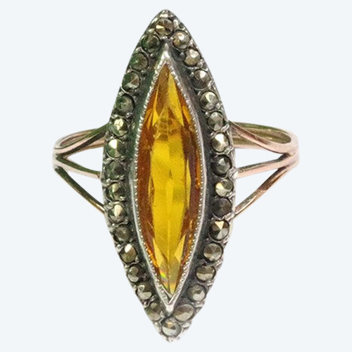 Victorian marquise yellow ring in 18k gold and silver, navette ring, marcassites, yellow glass