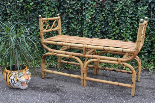 Vintage Rattan Bench, Italy, 1960s Gabriella Crespi Style