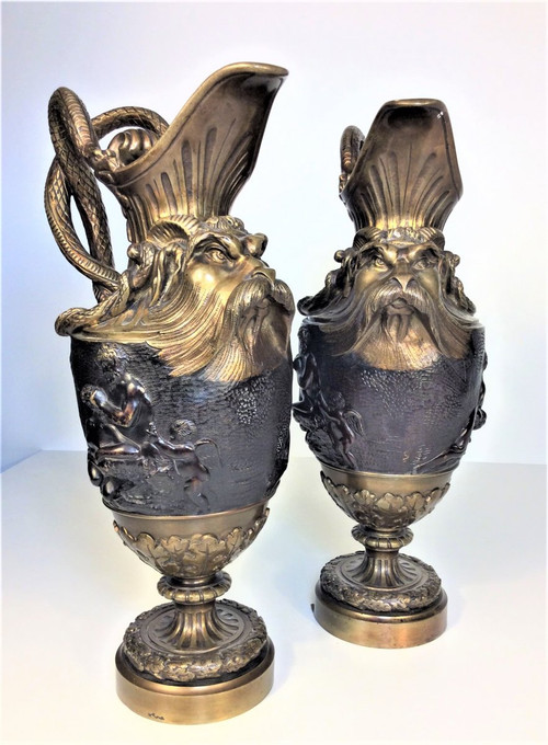 25% DISCOUNT UNTIL 11/30 - Pair of Gilt Bronze and Patinated Bronze Ewers - 19th Century