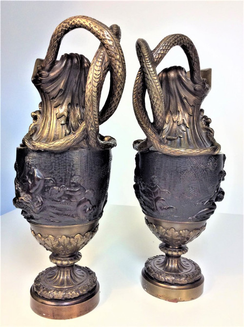 25% DISCOUNT UNTIL 11/30 - Pair of Gilt Bronze and Patinated Bronze Ewers - 19th Century