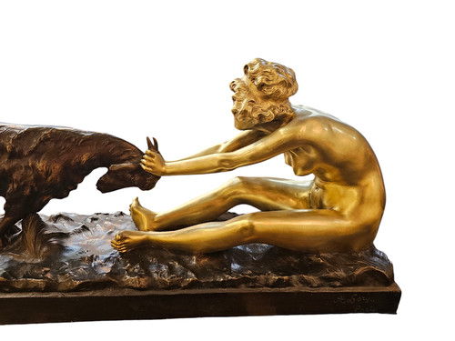 Affortunato Gory Grand Bronze Art Deco "Jeune fille et Bouc"