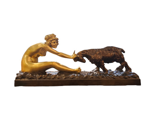 Affortunato Gory Grand Bronze Art Deco "Jeune fille et Bouc"