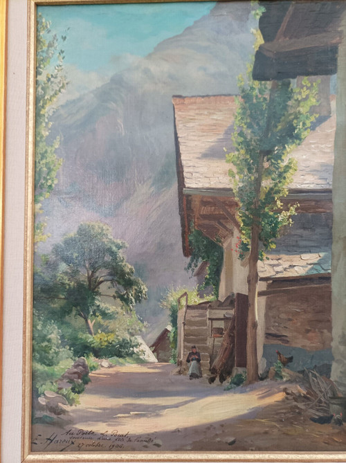 Ernest Victor Hareux (1847-1909) Dipinto Olio su tela Paesaggio Alpi Venosc, Isère, Francia 1906