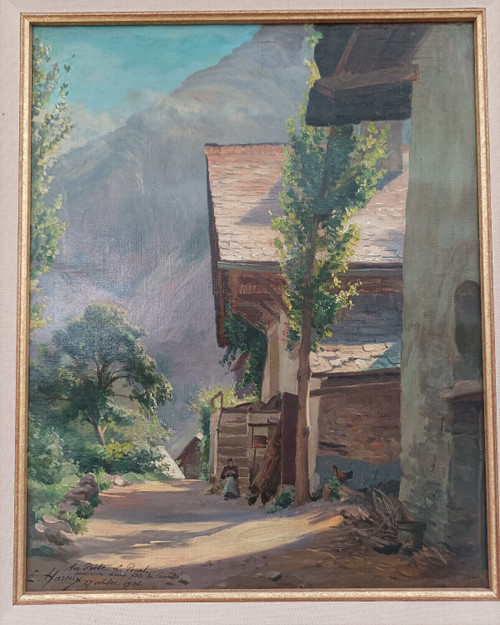 Ernest Victor Hareux (1847-1909) Dipinto Olio su tela Paesaggio Alpi Venosc, Isère, Francia 1906