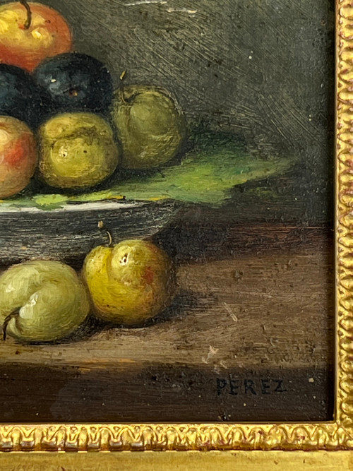 QUADRO / QUADRO / OLIO SU TAVOLA FIRMATO “PEREZ” NATURA MORTA CON FRUTTA