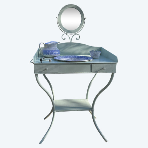 Art Nouveau dressing table in painted sheet metal with its accessories