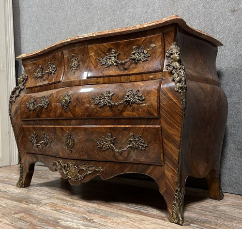 Louis XV style stamped tomb chest of drawers in precious wood marquetry circa 1880