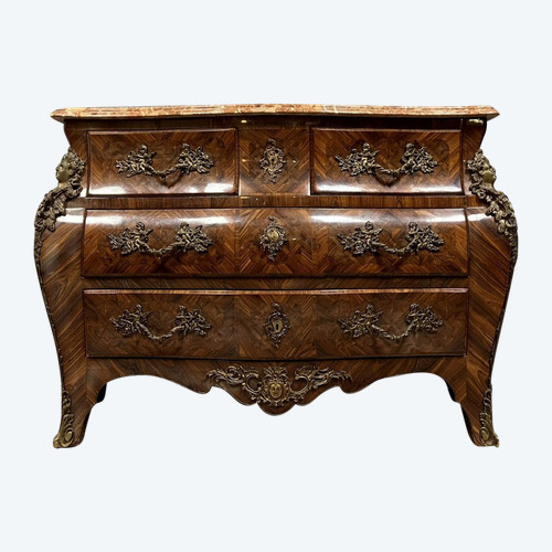 Louis XV style stamped tomb chest of drawers in precious wood marquetry circa 1880