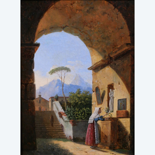 Jean-Baptiste BERLOT 1775-1840 Italie, oratoire dans une ruine antique, tableau, paysage