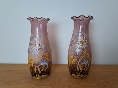 Legras, Pair of Vases, Enameled Glass, Dahlias, Art Nouveau, Late 19th/early 20th century.