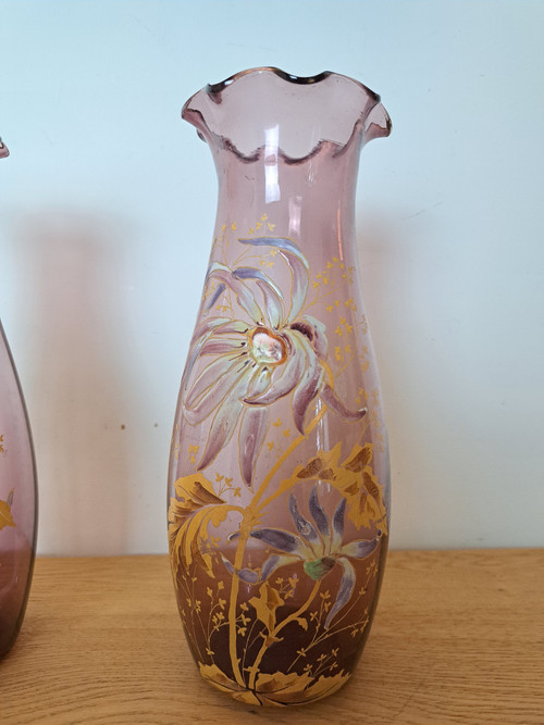 Legras, Pair of Vases, Enameled Glass, Dahlias, Art Nouveau, Late 19th/early 20th century.