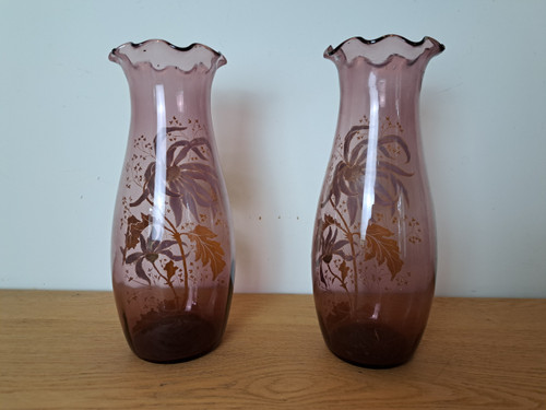 Legras, Pair of Vases, Enameled Glass, Dahlias, Art Nouveau, Late 19th/early 20th century.