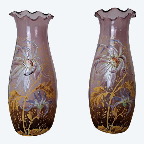 Legras, Pair of Vases, Enameled Glass, Dahlias, Art Nouveau, Late 19th/early 20th century.