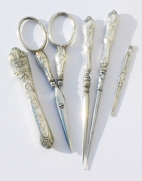 Antique Silver Art Nouveau Sewing Kit Embroidery Scissors Thimble Awl Hook