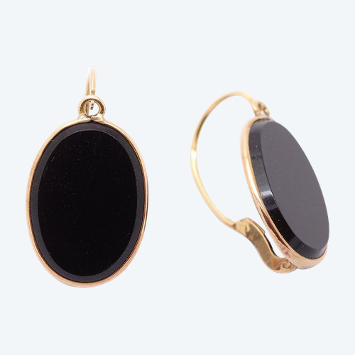 Schwarze Glasohrringe aus 18 Karat Gold, alte Schläfer, schwarz, Onyximitat, alter Schmuck