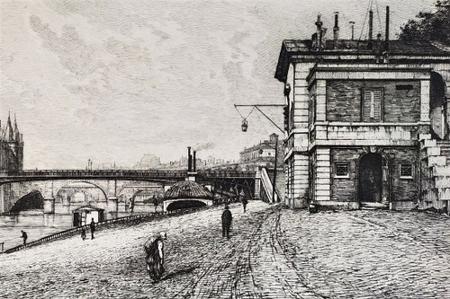 Gravur der Pariser Rathausbrücke von Lucien Gautier 