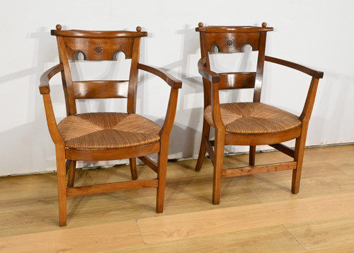 Pair of Cherry Wood Armchairs, Directoire Period – Early 19th Century