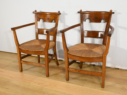 Pair of Cherry Wood Armchairs, Directoire Period – Early 19th Century