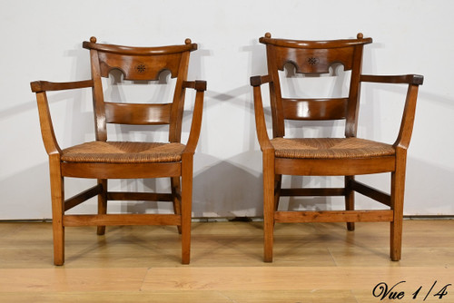 Pair of Cherry Wood Armchairs, Directoire Period – Early 19th Century