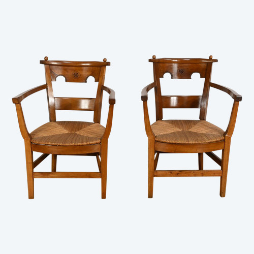 Pair of Cherry Wood Armchairs, Directoire Period – Early 19th Century