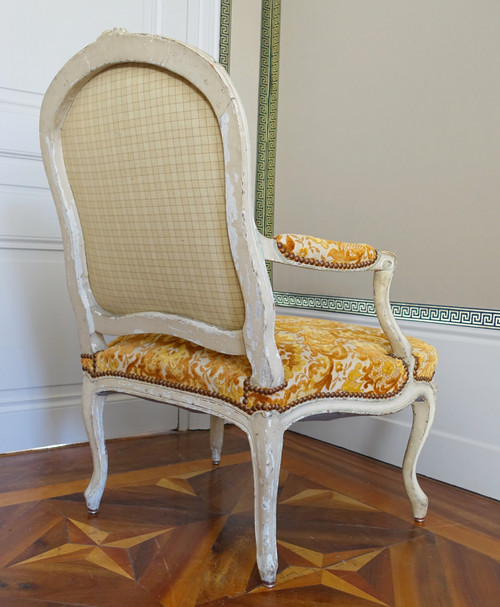 Fauteuil à la Reine d'époque Louis XV, velours frappé