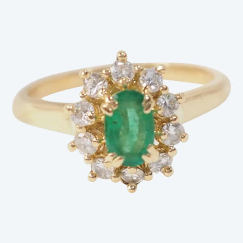 Ring in yellow gold, emerald and diamonds