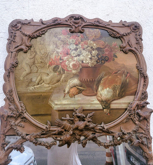 Large Carved Wood Trumeau With Birds Still Life, 19th Century