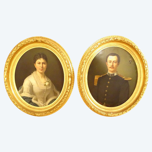 Pair HST Portraits wife Marquis De Bellevue Uniform F. Birotheau 19th century