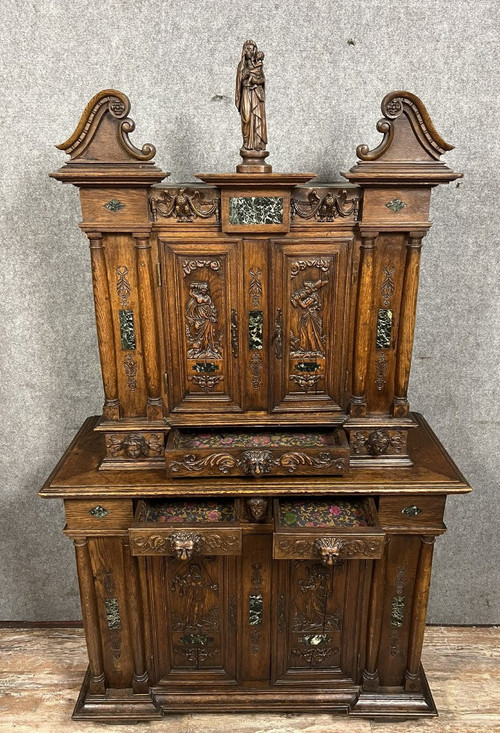 Ile-de-France" cabinet with two oak recessed bodies and marble plates circa 1800