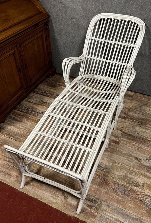 Vintage white lacquered rattan deckchair 1960's