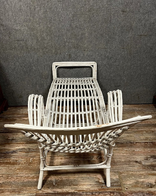 Vintage white lacquered rattan deckchair 1960's